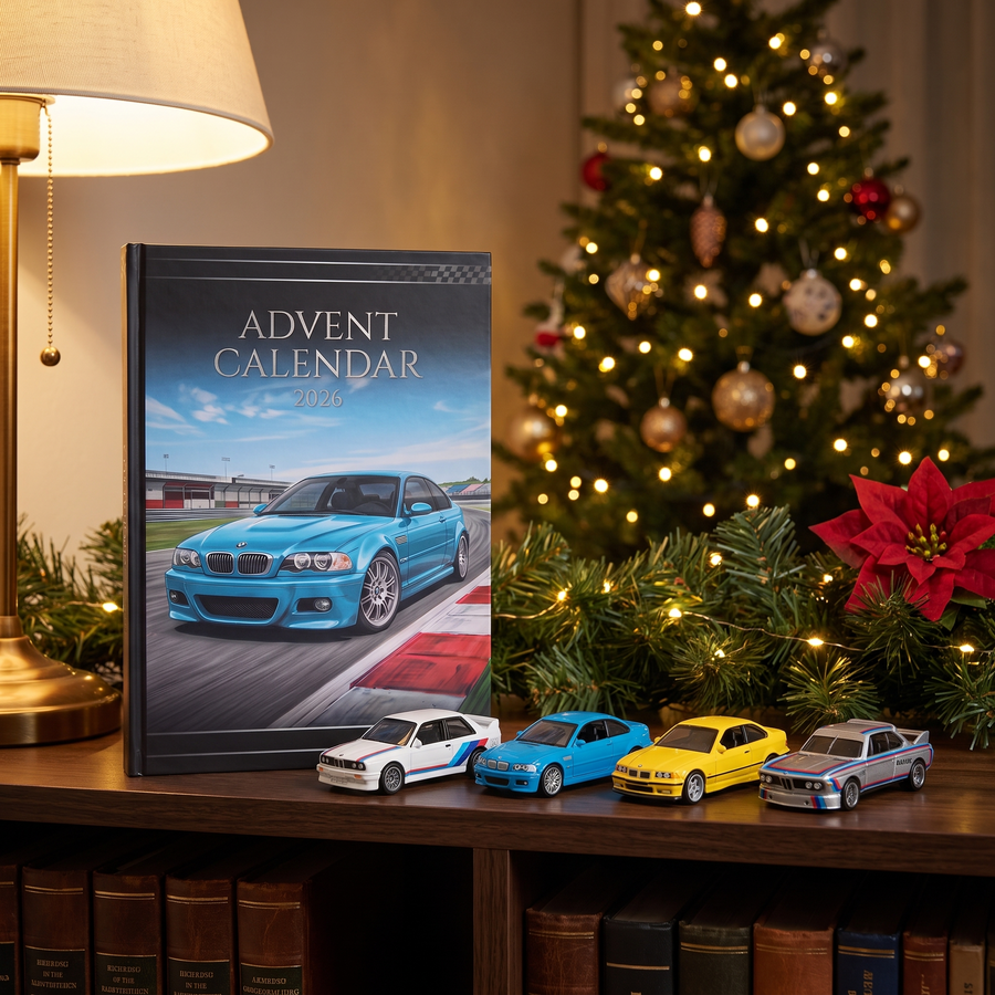 Closed advent calendar on a bookshelf with die-cast cars beside it
