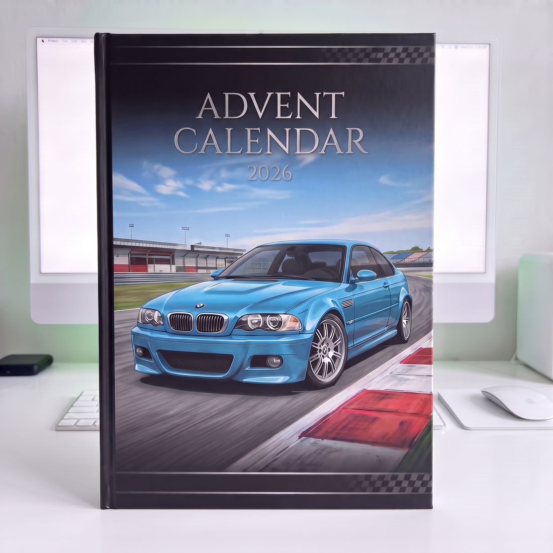 Der Die-Cast-Adventskalender 2026 mit dem hellblauen Coupé auf dem Cover